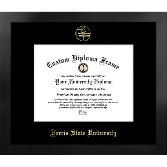 Ferris State University 11w x 8.5h Manhattan Black Single Mat Gold Embossed Diploma Frame with Bonus Campus Images Lithograph (value savings at $59)