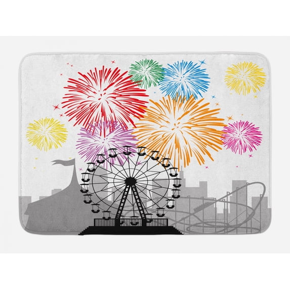 Ferris Wheel Bath Mat, Circus Tent Roller Coaster and City Silhouettes Fun with Colorful Fireworks, Plush Bathroom Decor Mat with Non Slip Backing, 29.5" X 17.5", Multicolor, by Ambesonne