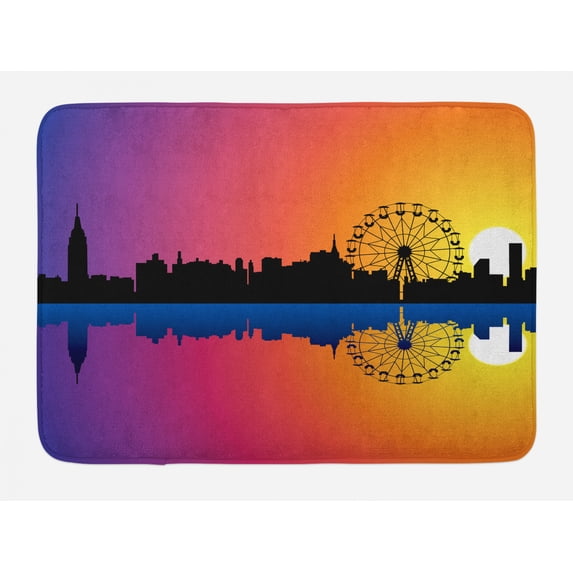 Ferris Wheel Bath Mat, Silhouette Skyline at Sunset with Reflection on the River Graphic Ombre Print, Plush Bathroom Decor Mat with Non Slip Backing, 29.5" X 17.5", Multicolor, by Ambesonne