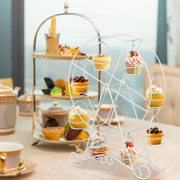 Ferris Wheel Cupcake Stand | 360-Degree Rotating Dessert Tower for Wedding & Party | White Stainless Steel Cake Display Holder with Hanging Baskets
