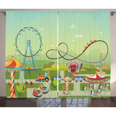 Ferris Wheel Curtains 2 Panels Set, Graphic Composition of an Amusement Park with Bumper Cars Horror Tunnel Swings, Window Drapes for Living Room Bedroom, 108W X 63L Inches, Multicolor, by Ambesonne