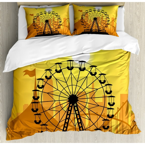 Ambesonne Ferris Wheel Duvet Cover Set, Amusement Park City, King, Mustard Ginger