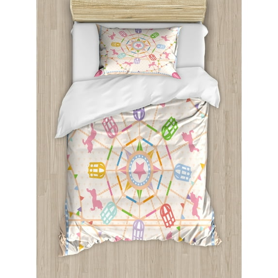 Ferris Wheel Duvet Cover Set Twin Size, Abstract Circus Theme Flattened Ferris Wheel and Merry-Go-Round Attractions, Decorative 2 Piece Bedding Set with 1 Pillow Sham, Multicolor, by Ambesonne