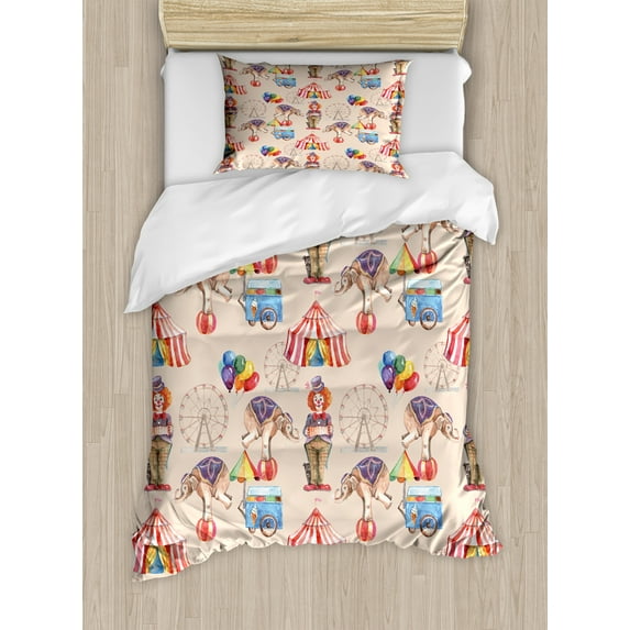 Ferris Wheel Duvet Cover Set, Watercolor Art of Circus Tent Clown and Balloons, Decorative 2 Piece Bedding Set with 1 Pillow Shams, Twin Size, Pale Peach Multicolor, by Ambesonne