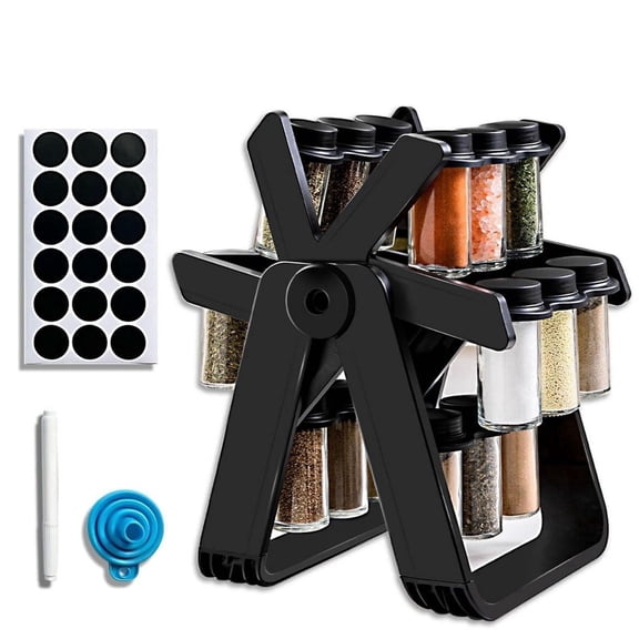 Asoricing Ferris Wheel Rotating Spice Rack Organizer, 18 Pack Glass Jars with Labels, 360° Revolving Spice Storage for Countertop, Space-Saving Seasoning Stand for Kitchen Cabinet or Pantry, Black