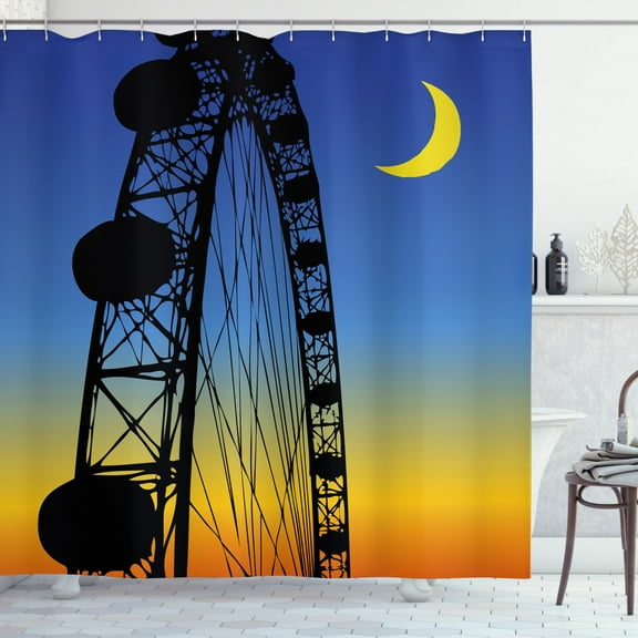 Ferris Wheel Shower Curtain, Amusement Park Ride Silhouette on Ombre Night Sky with Crescent, Fabric Bathroom Set with Hooks, 69W X 70L Inches, Charcoal Grey and White, by Ambesonne