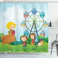 thumbnail image 1 of Ferris Wheel Shower Curtain, Doodle Boys and Girls Kids Playing at the Park during Summer Holiday Theme, Fabric Bathroom Set with Hooks, 69W X 75L Inches Long, Multicolor, by Ambesonne, 1 of 3