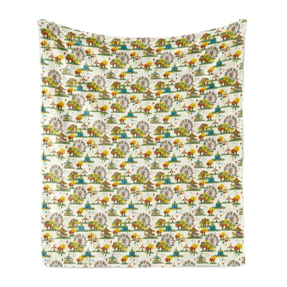 Ferris Wheel Soft Flannel Fleece Blanket, Funfair at Autumn Season with Colorful Trees Balloons and Tent Pattern, Cozy Plush for Indoor and Outdoor Use, 50" x 70", Ivory Multicolor, by Ambesonne