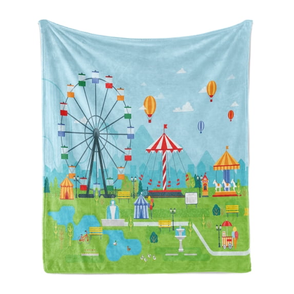 Ferris Wheel Soft Flannel Fleece Throw Blanket, Cartoon Amusement Park Image on a Sunny Day with City Landscape Background, Cozy Plush for Indoor and Outdoor Use, 50" x 70", Multicolor, by Ambesonne
