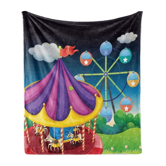 Ferris Wheel Soft Flannel Fleece Throw Blanket, Illustration of a Carousel with Ferris Wheel at the Back Kids Entertainment, Cozy Plush for Indoor and Outdoor Use, 70" x 90", Multicolor, by Ambesonne