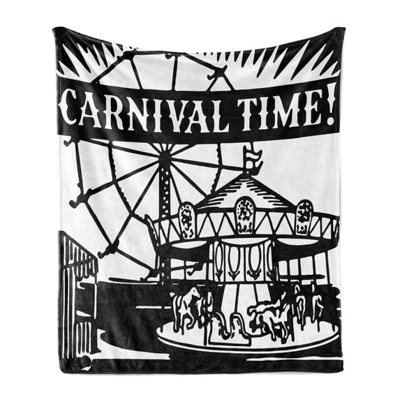 Ferris Wheel Soft Flannel Fleece Throw Blanket, Monochrome of Carousel and Other Ride with Carnival Time Words, Cozy Plush for Indoor and Outdoor Use, 70" x 90", Charcoal Grey White, by Ambesonne