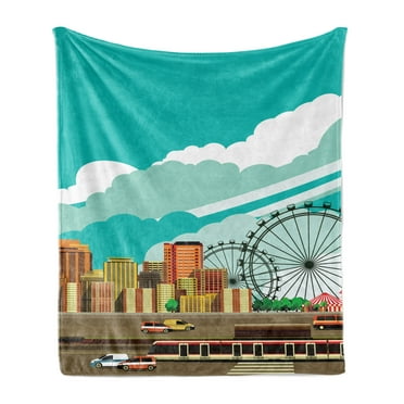 Ferris Wheel Soft Flannel Fleece Throw Blanket, Panaroma of Downtown with Skyscrapers Highway Metro Line and Amusement Park, Cozy Plush for Indoor and Outdoor Use, 50" x 60", Multicolor, by Ambesonne