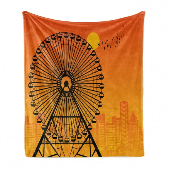 Ferris Wheel Soft Flannel Fleece Throw Blanket, Silhouette Cityscape at Sunset with Ferris Wheel in Shadow, Cozy Plush for Indoor and Outdoor Use, 50" x 60", Burnt Orange Orange, by Ambesonne