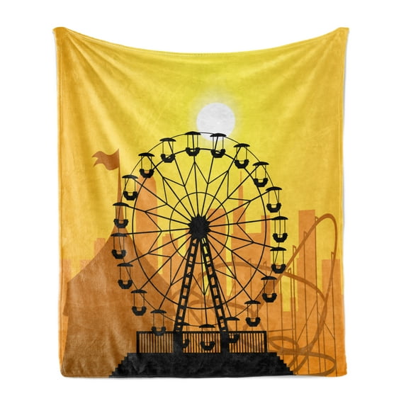 Ferris Wheel Soft Flannel Fleece Throw Blanket, Silhouette Style Amusement Park and Cityscape Illustration, Cozy Plush for Indoor and Outdoor Use, 50" x 70", Mustard Ginger, by Ambesonne