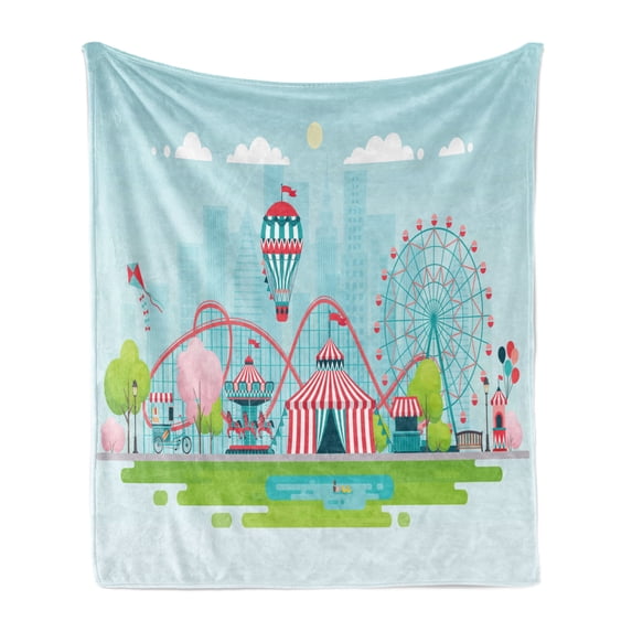Ferris Wheel Soft Flannel Fleece Throw Blanket, Urban Landscape with Colorful Circus Tents Air Balloons and Rollercoaster, Cozy Plush for Indoor and Outdoor Use, 50" x 60", Multicolor, by Ambesonne