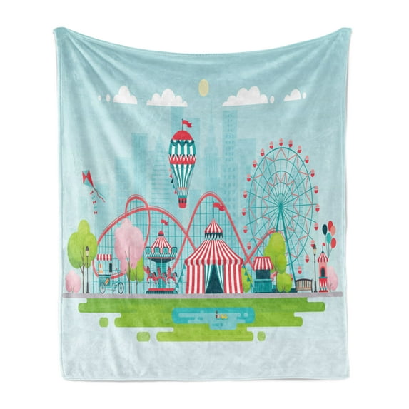 Ferris Wheel Soft Flannel Fleece Throw Blanket, Urban Landscape with Colorful Circus Tents Air Balloons and Rollercoaster, Cozy Plush for Indoor and Outdoor Use, 60" x 80", Multicolor, by Ambesonne