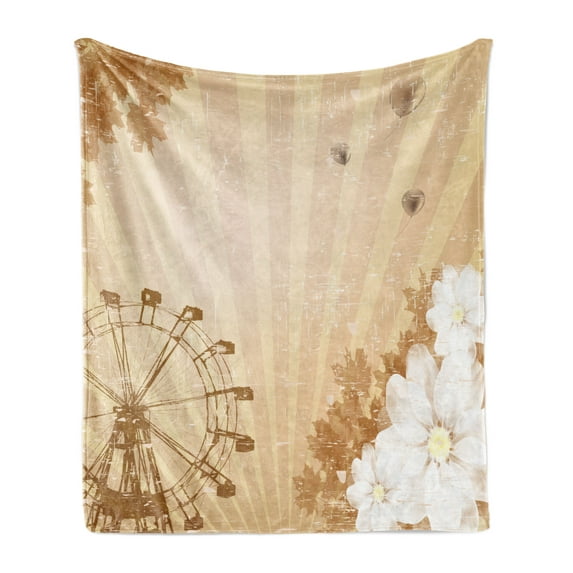 Ferris Wheel Soft Flannel Fleece Throw Blanket, Vintage Fun Ride Leaves Flowers Balloons, Cozy Plush for Indoor and Outdoor Use, 50" x 60", Umber Tan, by Ambesonne