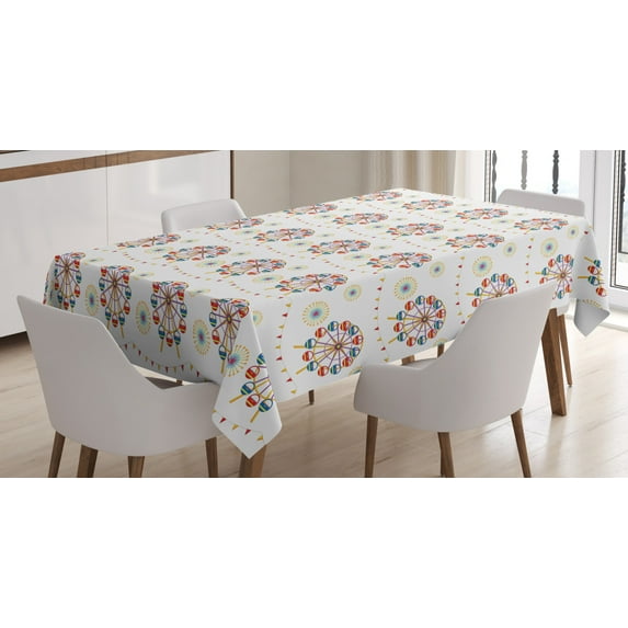 Ferris Wheel Tablecloth, Continuous Pattern of Colorful Ferris Wheels with Pennant Flags and Starburst, Rectangular Table Cover for Dining Room Kitchen, 60 X 84 Inches, Multicolor, by Ambesonne