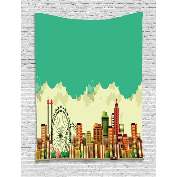 Ferris Wheel Tapestry, Vintage Panaromic View of a Metropolis Consisting Skyscrapers Greenery Circus, Wall Hanging for Bedroom Living Room Dorm Decor, 40W X 60L Inches, Multicolor, by Ambesonne