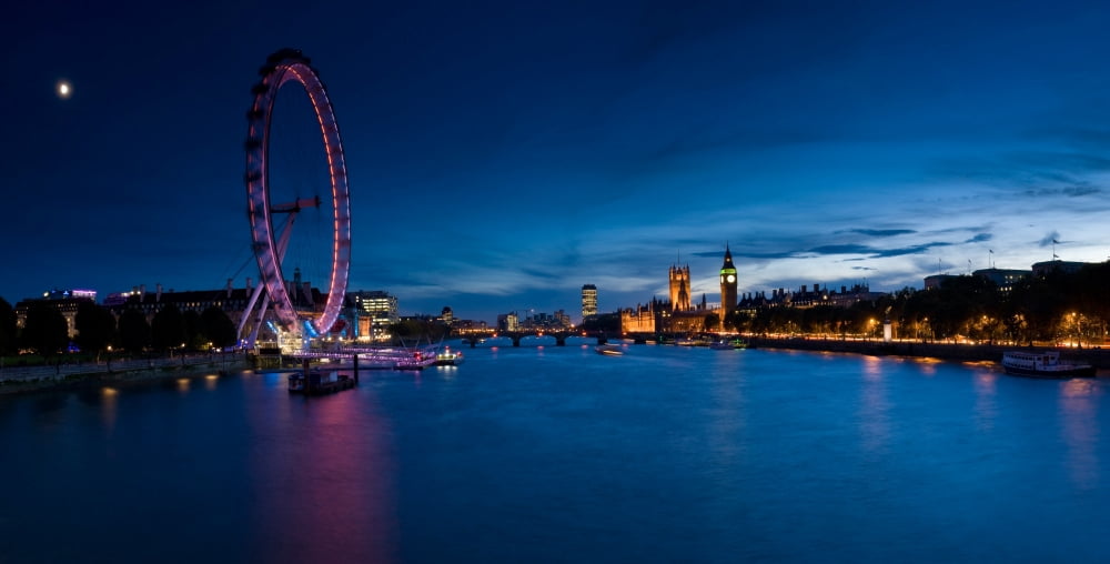 Ferris wheel lit up at dusk Millennium Wheel South Bank Thames River London England Canvas Art - Panoramic Images (9 x 27)