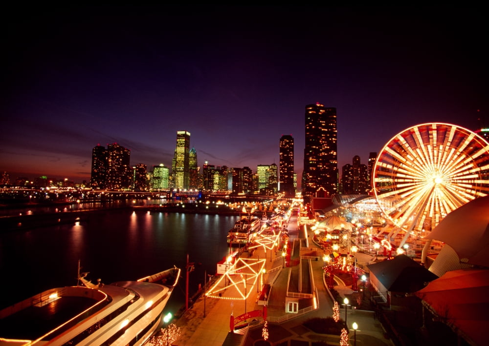 Ferris wheel lit up at night Navy Pier Lake Michigan Chicago Cook County Illinois USA Canvas Art - Panoramic Images (24 x 36)