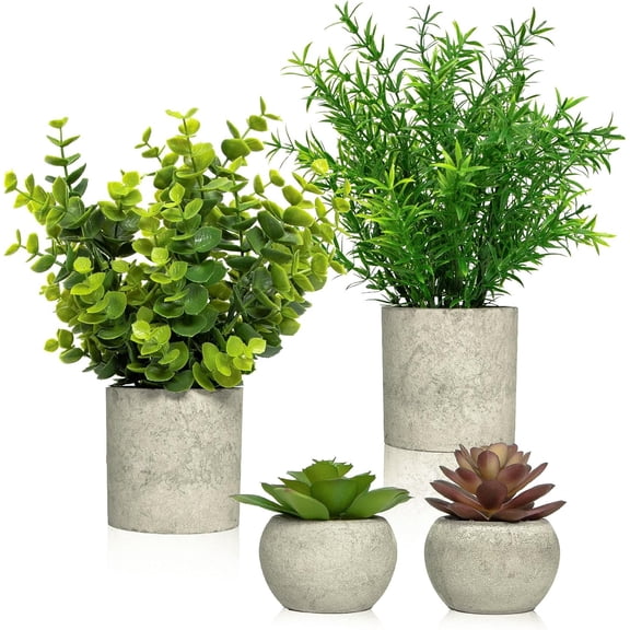 Ferrisland Artificial Potted Plants Set of 4 - Fake Eucalyptus & Rosemary with Mini Succulents in Cement Pots, Faux Greenery Decor for Home Kitchen Office Desk Shelf Centerpieces