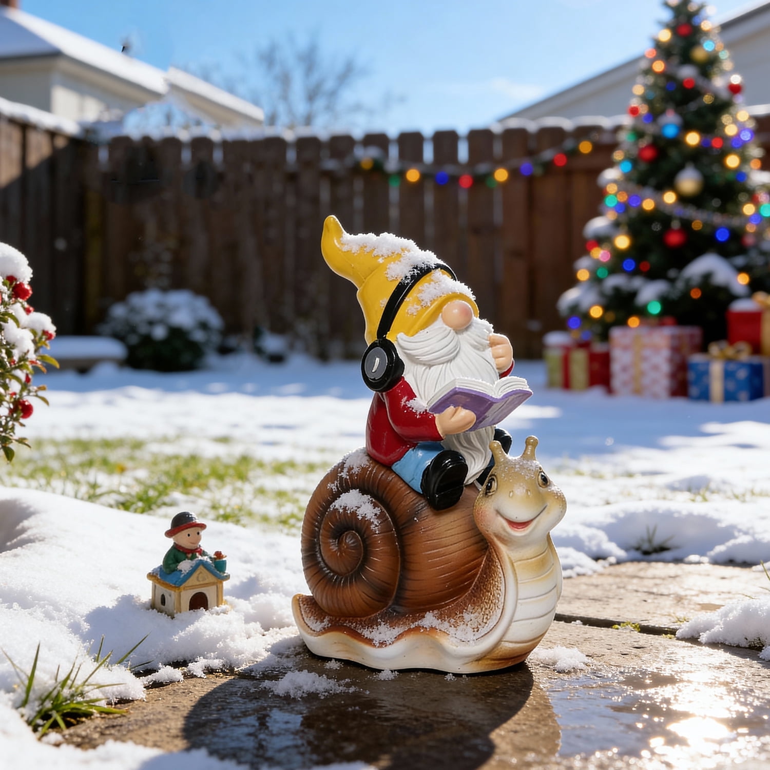 Ferrisland Garden Gnomes Snail Outdoor Figurines with Solar Lights, 10.4 inches Resin Solar Gnomes Decoration Yard Outdoor Garden, Patio Yard Lawn Birthday Housewarming Mother's Day（Gnome on Snail）