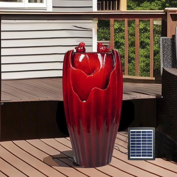 Ferrisland Solar Powered Water Fountain with LED Lights, 20" H Resin Red Vase Outdoor Freestanding Fountain with Pump, Bird Water Fountain & Water Falls for Outside Garden & Backyard Decking Dcor