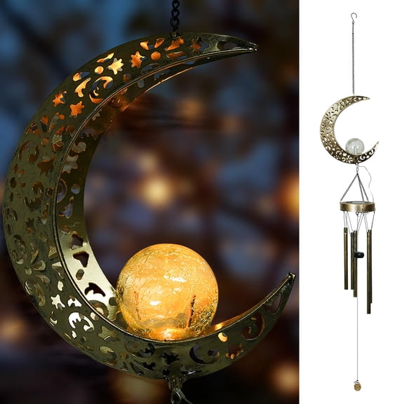Ferrisland Solar Wind Chimes for Outside Clearance, Moon Windchimes Outdoors for Porch Patio with Crackle Glass Ball LED Light, Waterproof Metal Outdoor Hanging Decor for Women Wife Mom Grandma