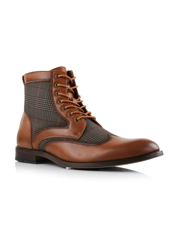 Gideon MFA806087 Men's Wing-Tip Plaid Dress Boots, in Cognac, Men's Size 6.5
