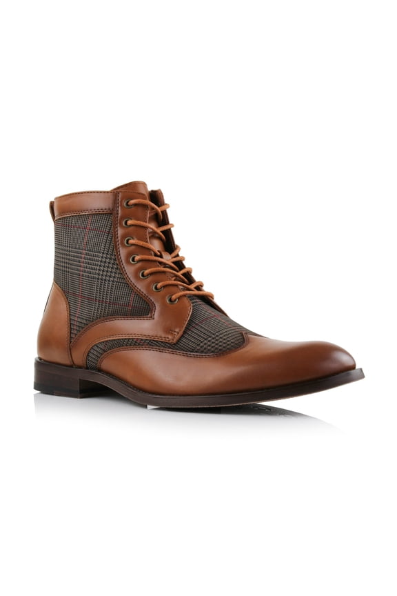 Gideon MFA806087 Men's Wing-Tip Plaid Dress Boots, in Cognac, Men's Size 7