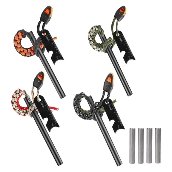 Ferro Rod Fire Starter 4 Pack, Flint and Steel Kit with Paracord, 6-in-1 Survival Tool for Camping, Emergency, Hiking