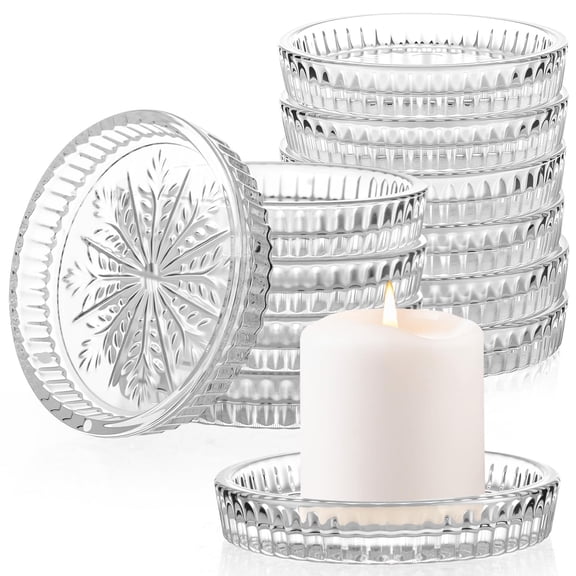Ferrochef 12 Pcs Round Glass Candle Holder, 3.74 Inch Clear Winter Snowflake Candle Plate Crystal Votive Candles Coasters for Christmas Winter Weddings Party Holiday Birthday Home Table Decor Y101