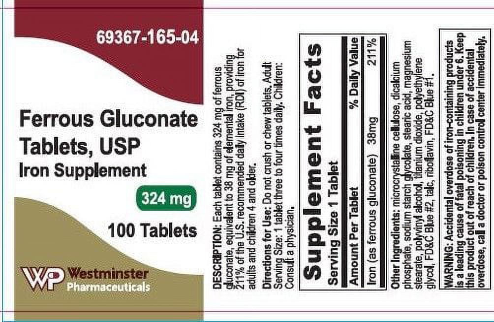 Ferrous Gluconate 324mg USP Tablets, 100ct