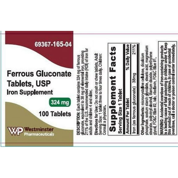 Ferrous Gluconate 324mg USP Tablets, 100ct