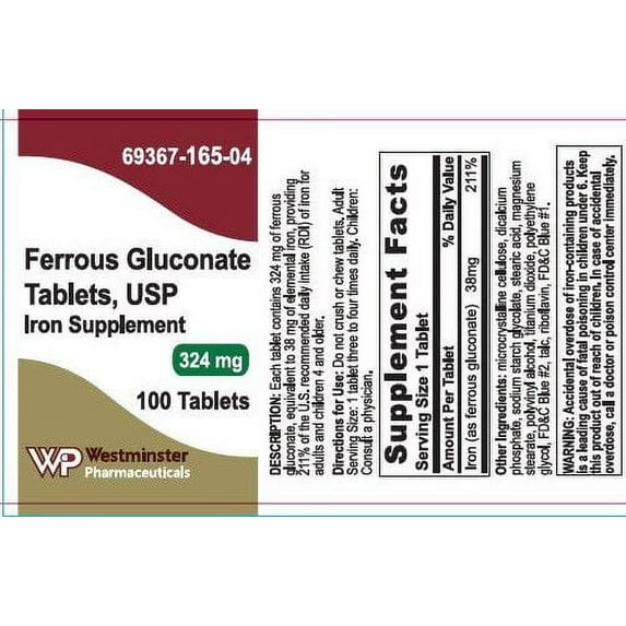 Ferrous Gluconate 324mg USP Tablets, 100ct
