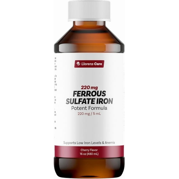 Ferrous Sulfate Liquid Iron Supplement for Adults by Llorens Care - 220 mg in 5 ml Iron Complex Supplement for Anemia and Iron Deficiency. Boost Energy Levels