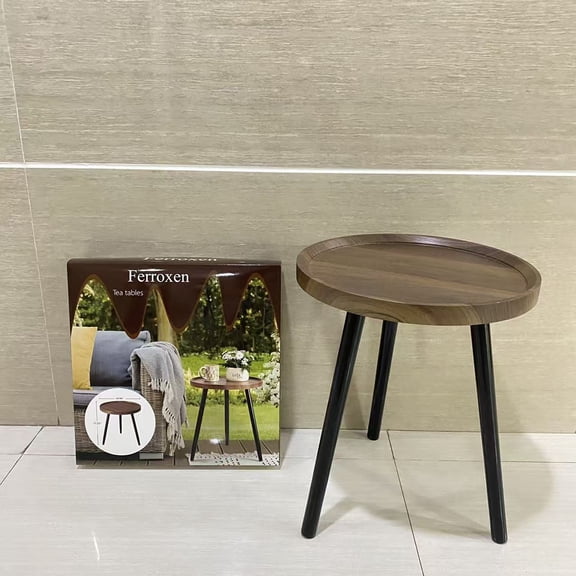 Ferroxen Tea tables,Round Side Table, Metal Legged Accent Table with Wooden Tray, Small Round End Table for Living Room, Bedroom, Nursery, Brown & Black