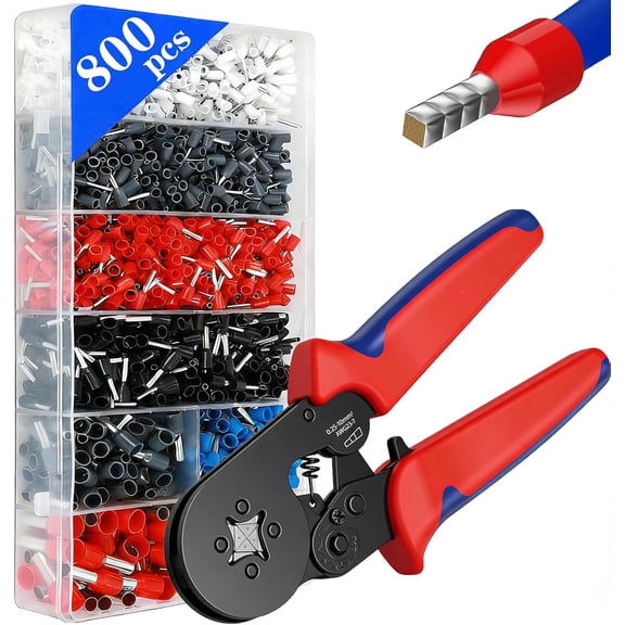 Ferrule Crimping Tool Kit, 800PCS Wire Ferrules (AWG 23-7) with Self-Adjusting Ratchet Crimper Plier Tool Kit, Wire Ends Terminals Connectors Set for Electrical Wiring, Automotive, Audio, DIY