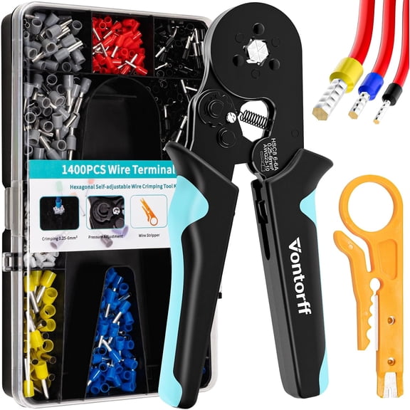 Ferrule Crimping Tool KitWire Ferrules Crimper Kit with 1400PCS Electrical Pin Terminal Ends Ferrell ConnectorsHSC8 6-6A Crimp Pliers Gauge Awg 23-10 Hexagonal Ratcheting Pliers Set Car Audio