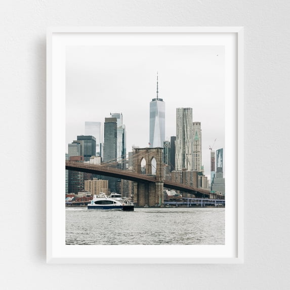 Ferry and Brooklyn Bridge 01 - Brooklyn New York Photography Cityscape Skyline Bridge Architecture Boat Travel Poster White Framed Wall Art Print 8 x 10 inches