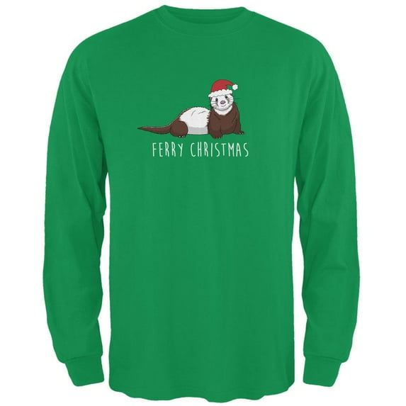 Ferry Merry Christmas Ferret Mens Long Sleeve T Shirt Irish Green LG
