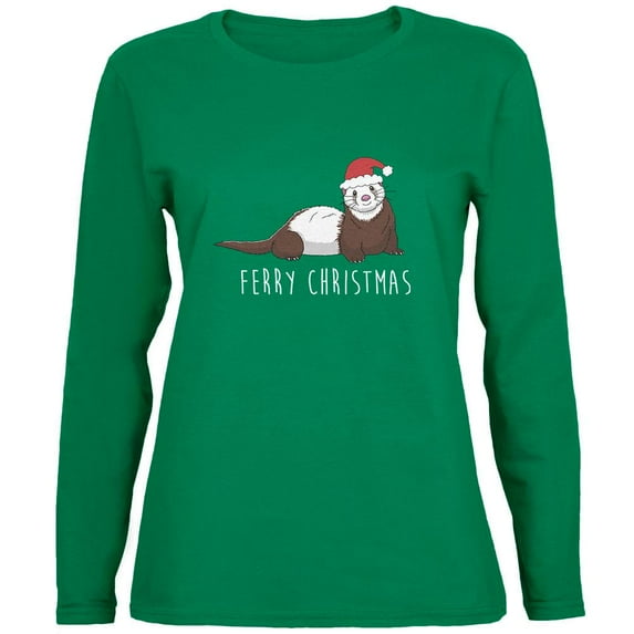 Ferry Merry Christmas Ferret Womens Long Sleeve T Shirt Green 2XL