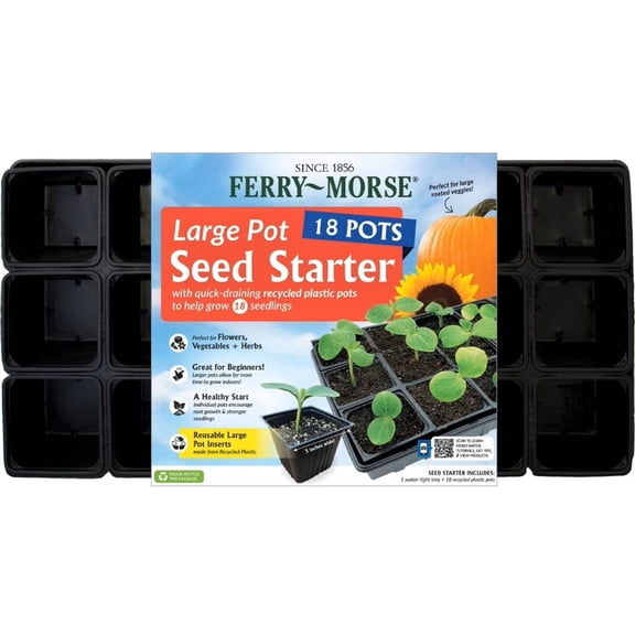 Ferry-Morse Large Pot Kit, Reusable Seed Starter Tray with Recycled Plastic Pots, 11 x 20 in, 18 Count