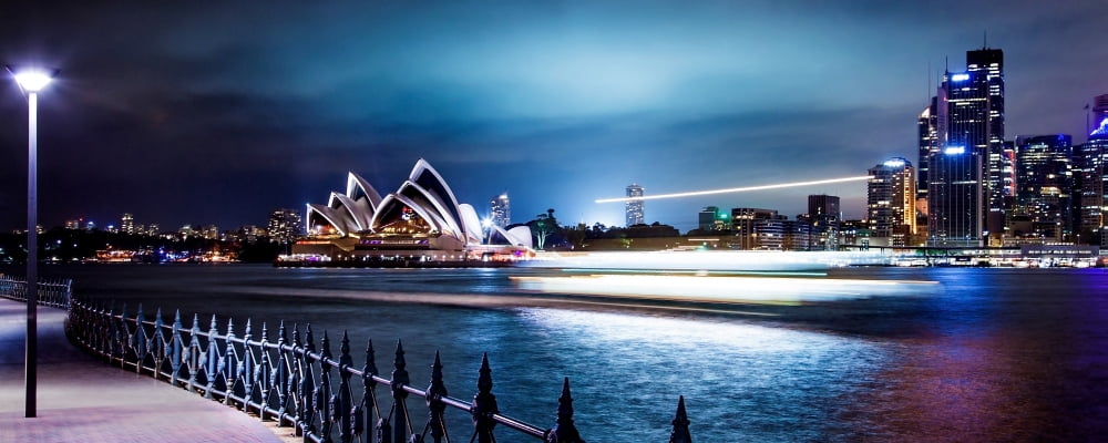 Ferry passing Sydney Opera House at night Sydney Australia Canvas Art - Panoramic Images (6 x 15)