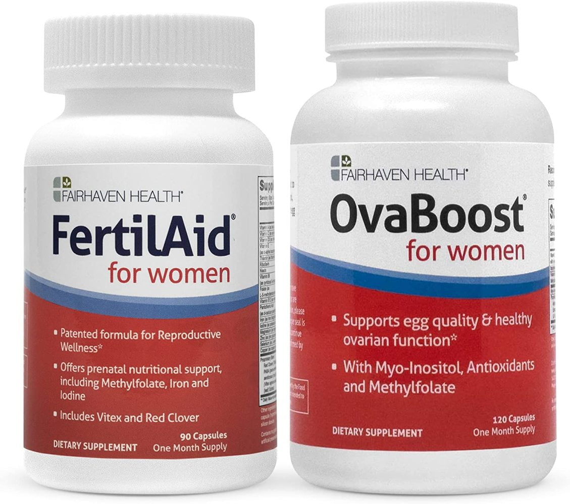 FAIRHAVEN HEALTH FertilAid for Women & Ovaboost Combo, Female Fertility Supplement & Natural Fertility Vitamin with Myo-Inositol, Vitex & Vitamins to Support Ovulation, Cycle Regularity & Egg Quality, 1 Month Supply