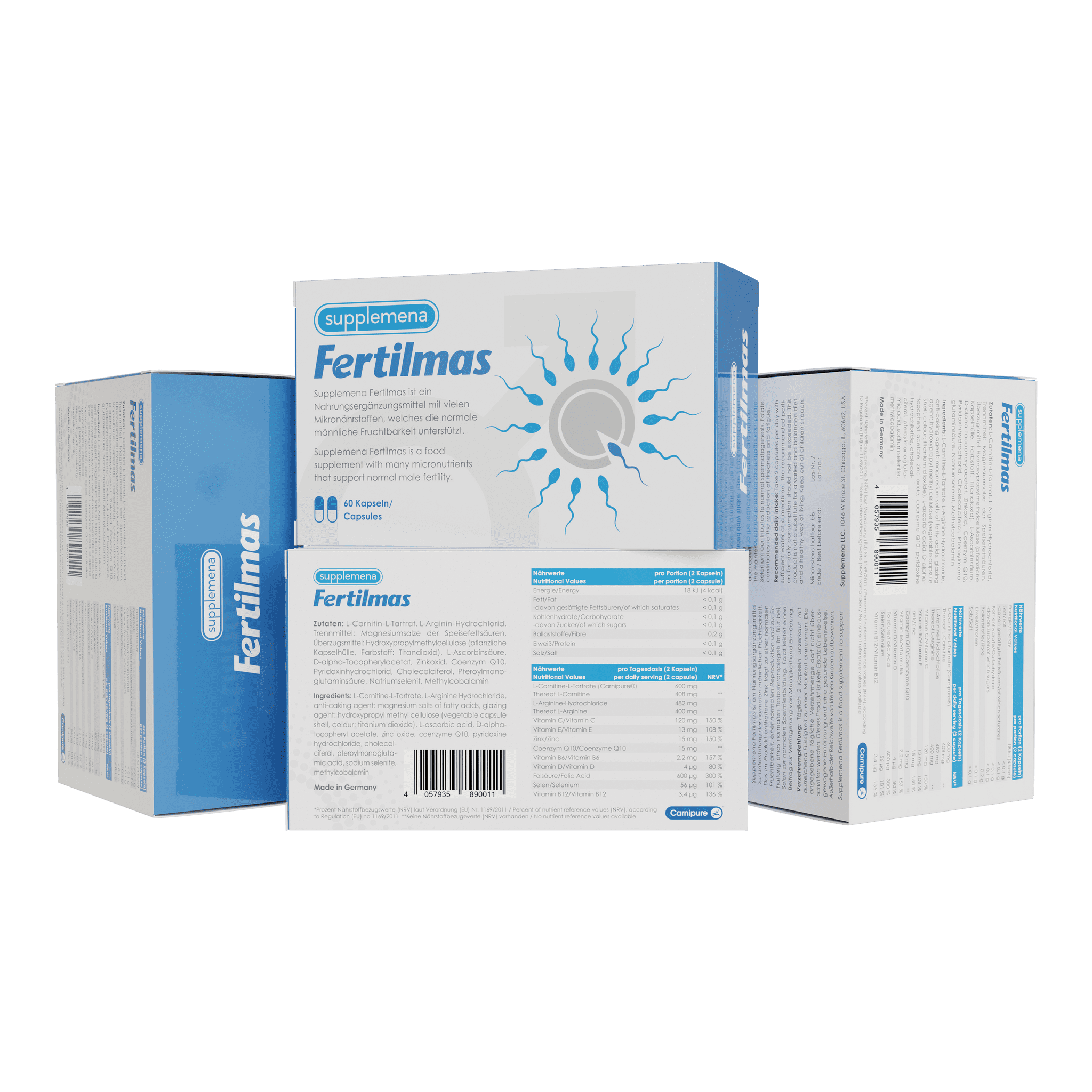 Fertilmas by Supplemena (4 Months) - Men's Fertility Supplement - Men's Sperm Motility, Sperm Count and Morphology Reproductive Health Aid with L-Carnitine Made in Switzerland (Carnipure)