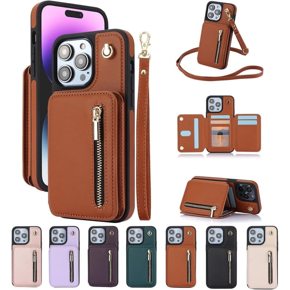 Fertilvrsus Phone Case, Wallet Case for iPhone 16/15/14/13/12 - Pu Leather Flip Cover Case with Card Slots and Two Adjustable Long and Short Lanyards