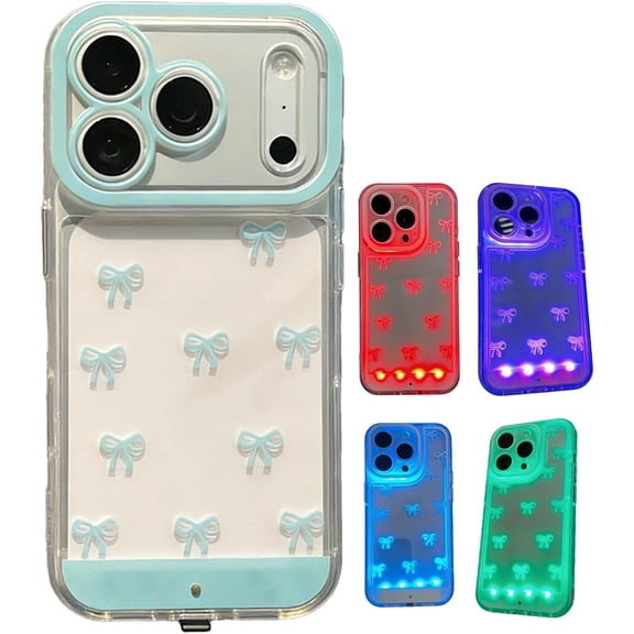 Fertilvrsus Vibrant LED Bowknot Phone Case for iPhone17 ProMax, Built-in LED Colorful Glowing Cell Phone Cover Incoming Call Flash Light Up Phones Case Fashion Light Up PhoneCase for Women Blue