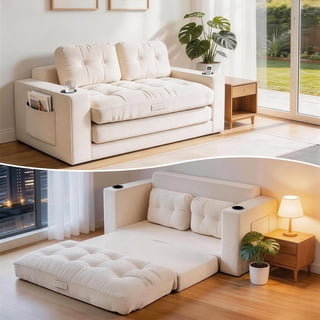 FervorFurn Loveseat Sleeper Sofa Bed, Boneless Convertible Corduroy Pull Out Couch with Cup Holders and 2 Pillows, Space Saving Sofa Bed for Living Room, Bedroom (White)